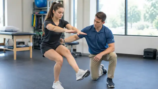 Physical therapist guiding an athlete through a single-leg strength test in a clinic gym