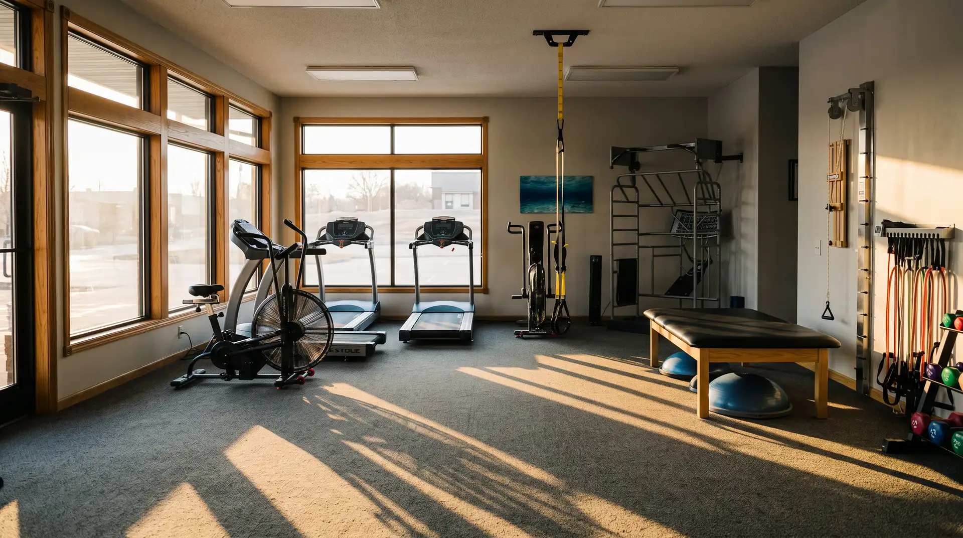 Late-afternoon light across the rehab gym at Norfolk Physical Therapy